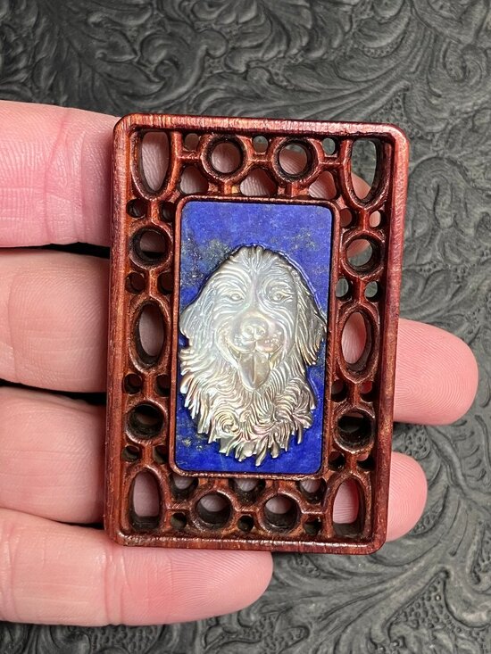 Golden Retriever Dog Mother of Pearl Lapis Lazuli Pendant Cabochon Mini Art - Picture 1 of 8